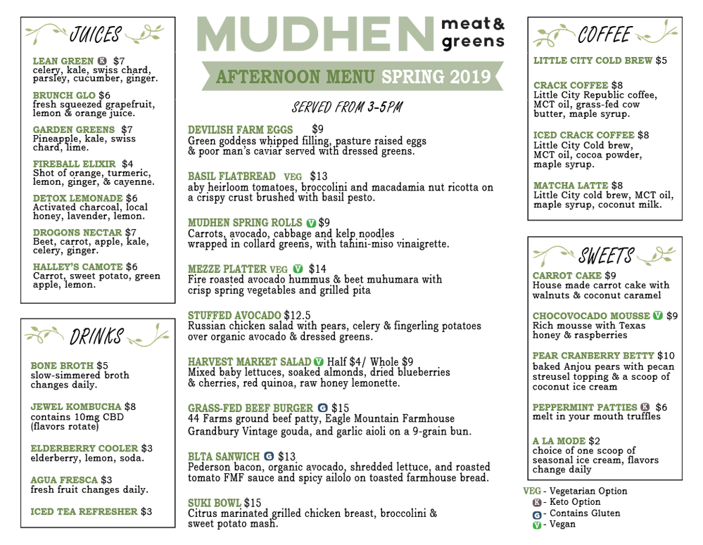 Mudhen Afternoon Menu